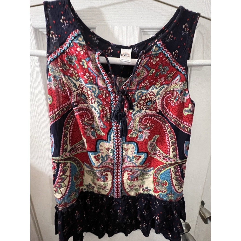 Bila Large Paisley Sleeveless Top Navy Pink V Neck Ruffle Hem Boho‎ Summer